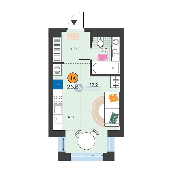 Квартира студия, 26.8 м²