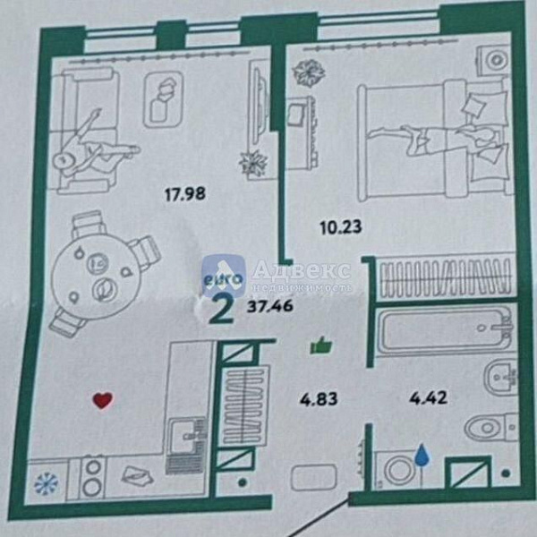 Квартира 1-комн., 37.5 м² Квартира 1-комн., 37.5 м²