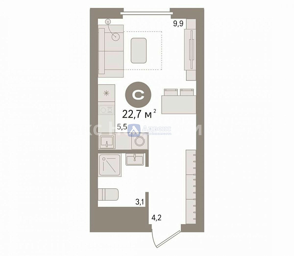 Квартира студия, 22 м²