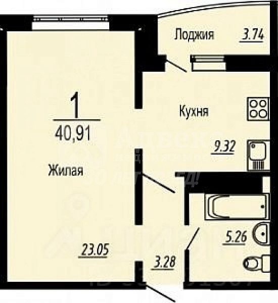 Квартира 1-комн., 41.1 м²