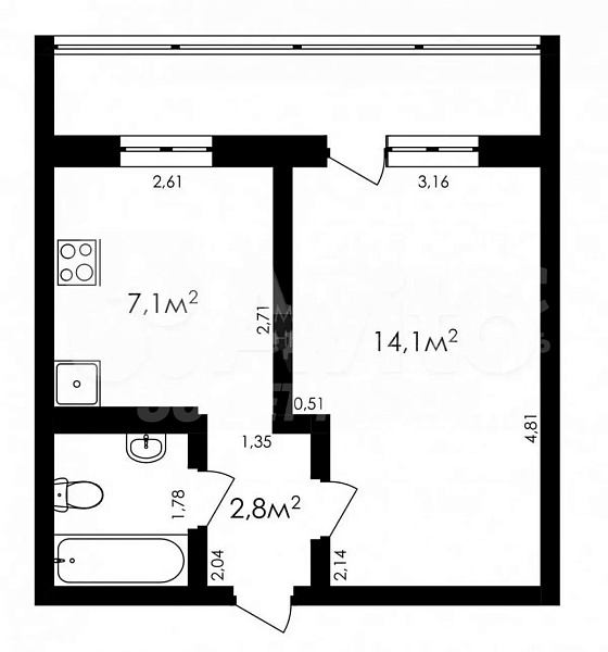 Квартира 1-комн., 27 м²