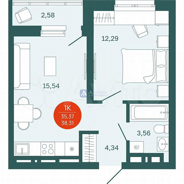 1-к квартира в новостройке, 35 кв.м.