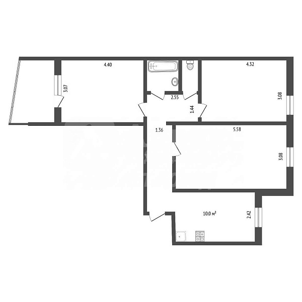 Квартира 3-комн., 61.5 м²