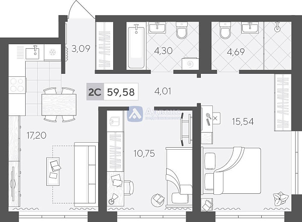 2-к квартира в новостройке, 59 кв.м.