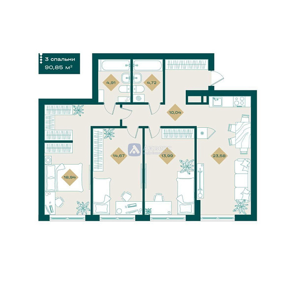 3-к квартира в новостройке, 90 кв.м.
