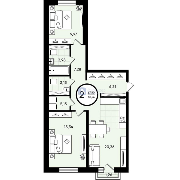 Квартира 2-комн., 68.76 м²