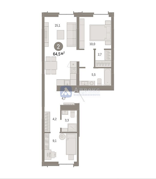 Квартира 2-комн., 64.46 м²