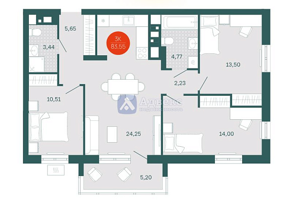 Квартира 3-комн., 78.5 м²