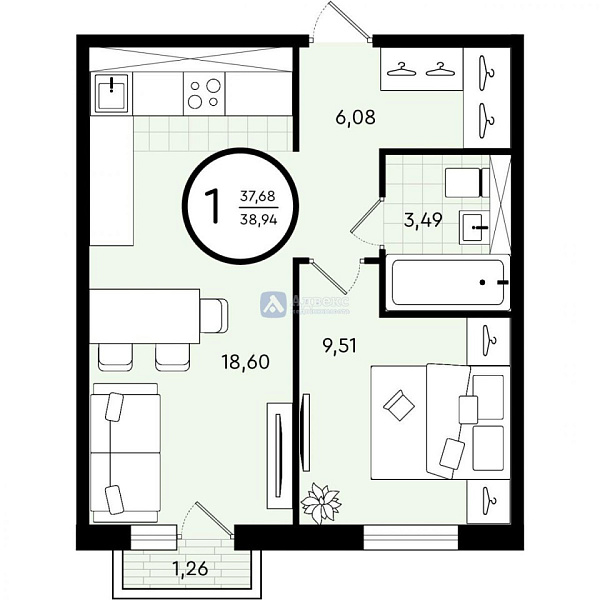 Квартира 1-комн., 38.94 м²
