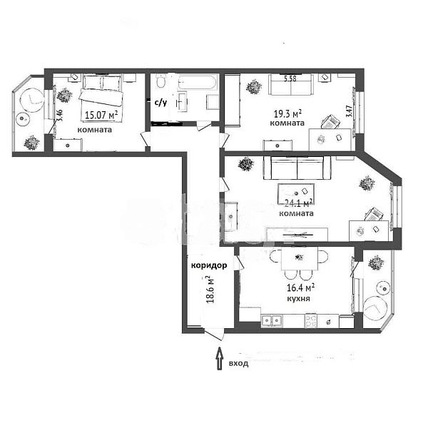 Квартира 3-комн., 98.9 м²