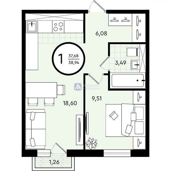Квартира 1-комн., 38.94 м²