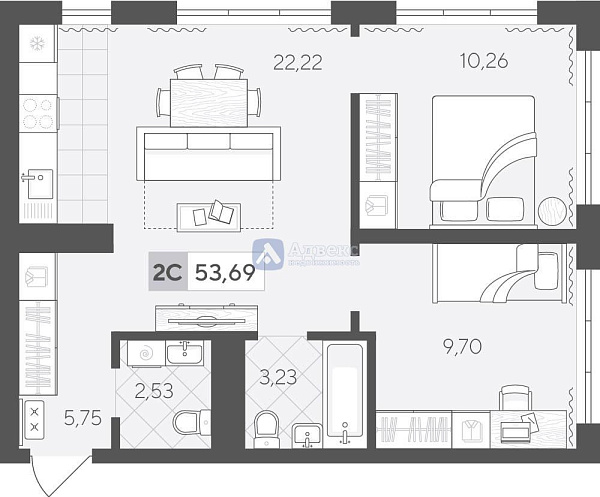2-к квартира в новостройке, 53 кв.м.