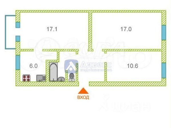 3-к квартира, 62 кв.м.