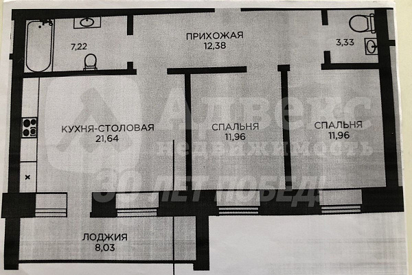2-к квартира, 68 кв.м.