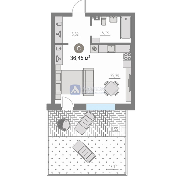 Квартира студия, 36.2 м²
