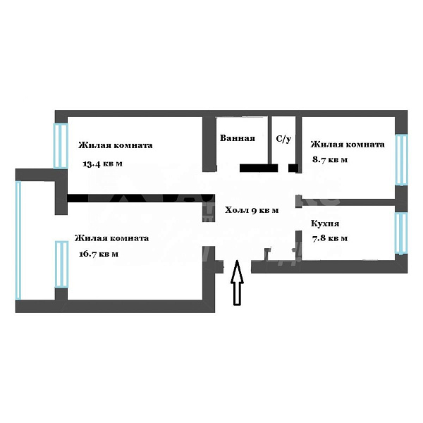 Квартира 3-комн., 61.9 м²
