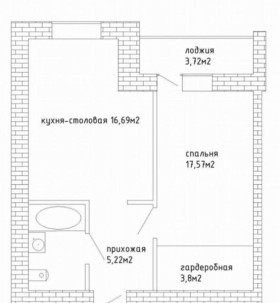1-к квартира, 43 кв.м.