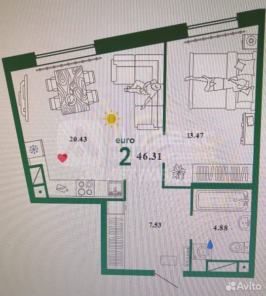 2-к квартира, 45 кв.м.