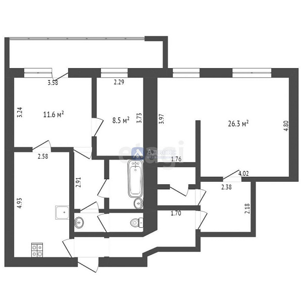 Квартира 3-комн., 86.7 м²