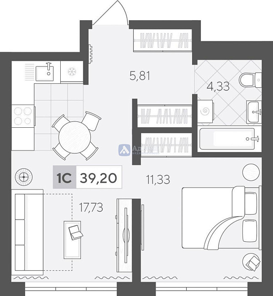 Квартира 1-комн., 39.2 м²