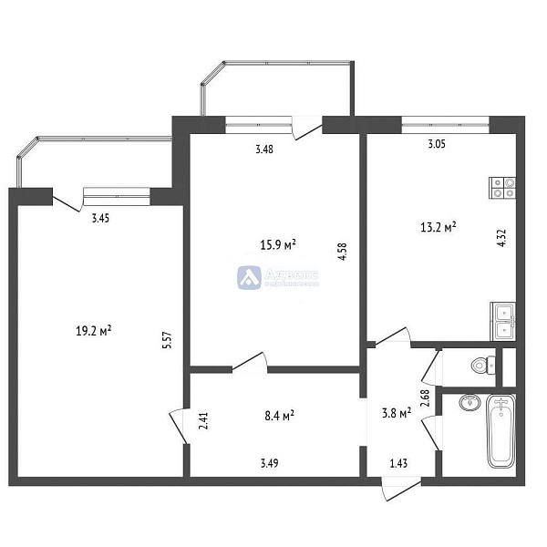 Квартира 2-комн., 64.7 м²
