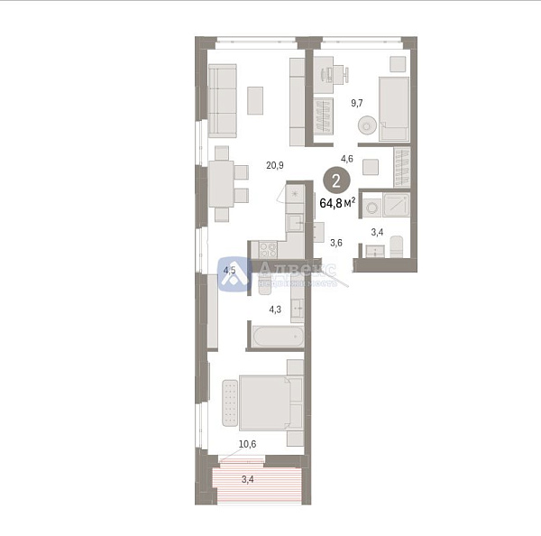 Квартира 2-комн., 64.77 м²