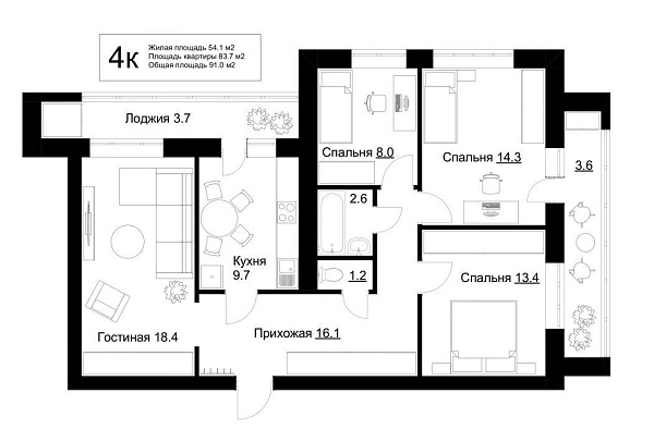 4-к квартира, 83 кв.м.