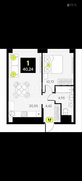 1-к квартира, 39 кв.м.