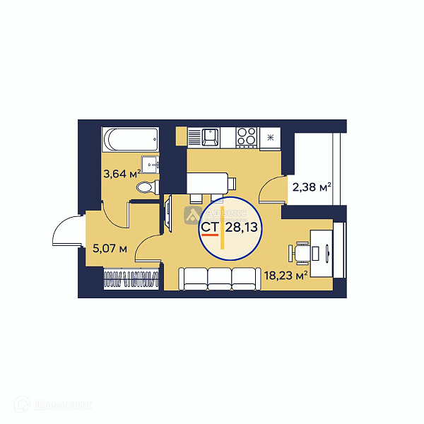 Квартира студия, 28.13 м²