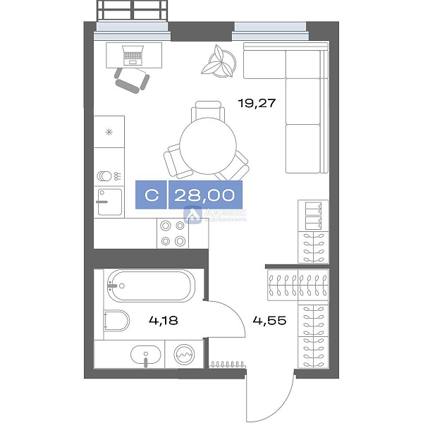 Квартира 1-комн., 28 м²