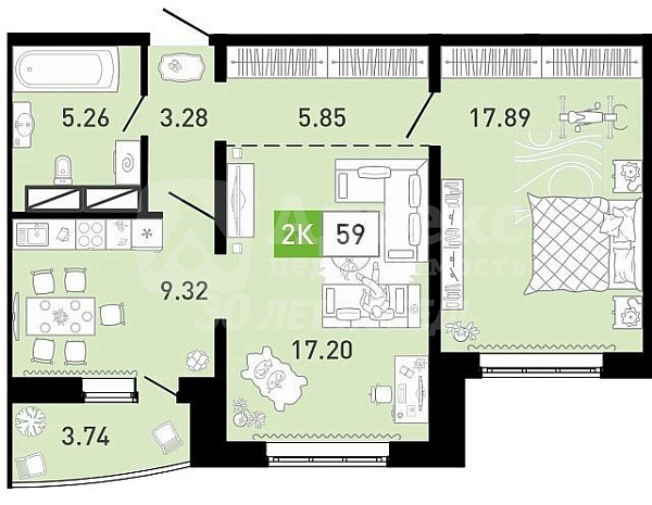 Квартира 2-комн., 59 м²