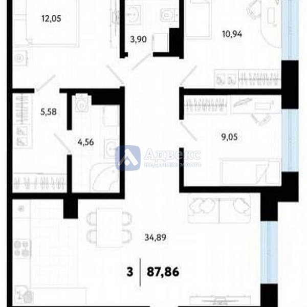 4-к квартира, 87 кв.м.