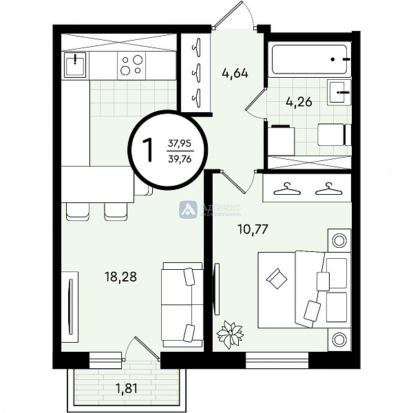 1-к квартира в новостройке, 39 кв.м.