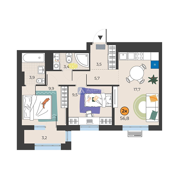 2-к квартира в новостройке, 54 кв.м.