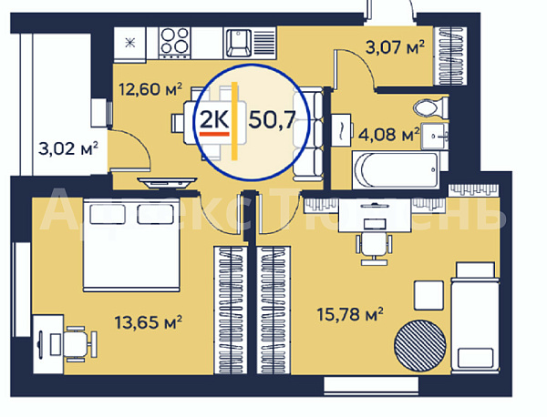 Квартира 2-комн., 50.7 м²