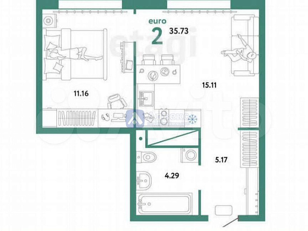 Квартира 1-комн., 35.7 м²
