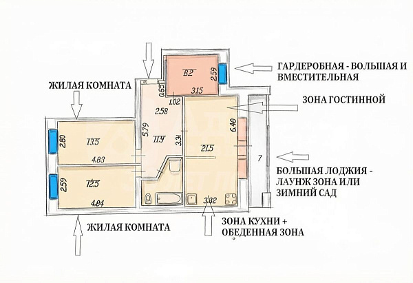2-к квартира, 73 кв.м.