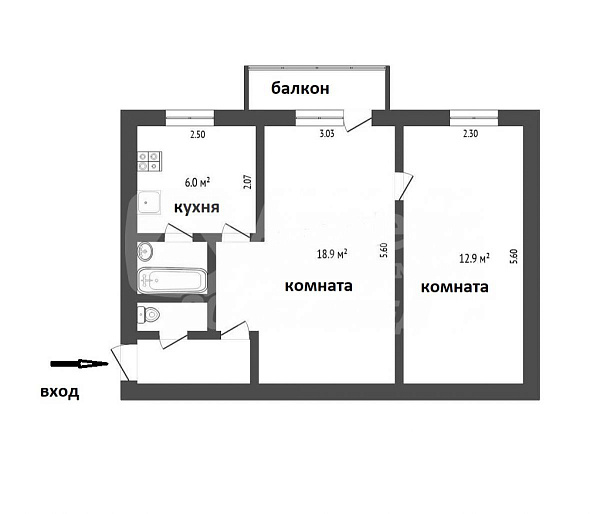 2-к квартира, 43 кв.м.