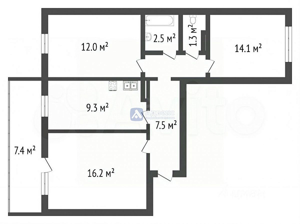 Квартира 3-комн., 68 м²