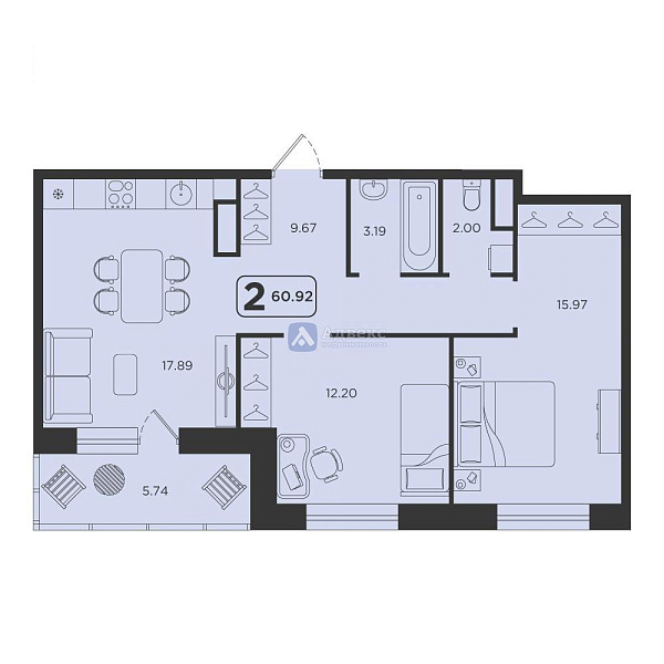 Квартира 2-комн., 60.92 м²