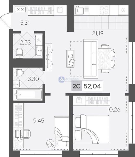 2-к квартира в новостройке, 52 кв.м.