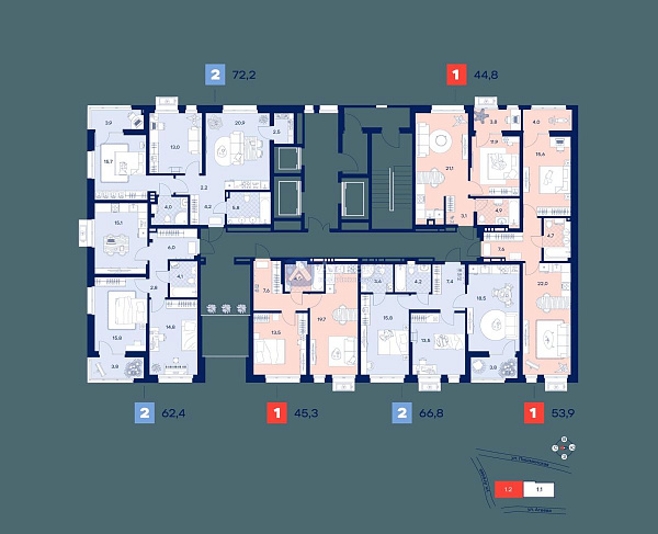 1-к квартира в новостройке, 45 кв.м.