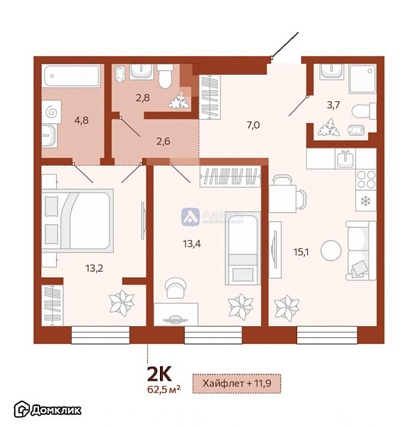 Квартира 2-комн., 62.49 м²