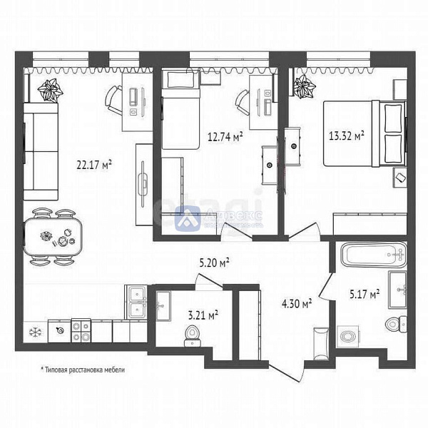 Квартира 2-комн., 54.2 м²