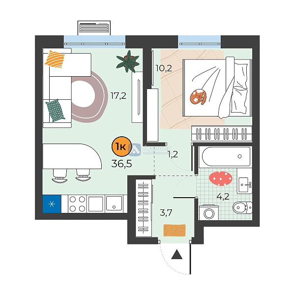 Квартира 1-комн., 36.5 м²