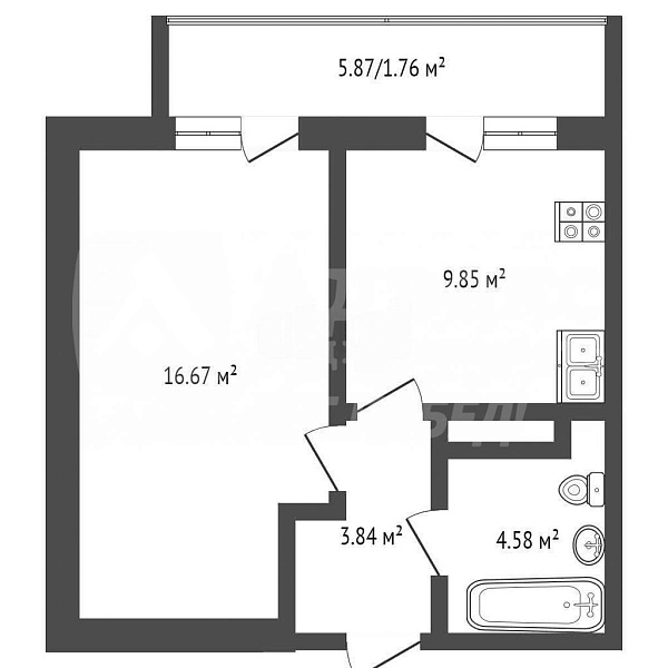 1-к квартира, 34 кв.м.