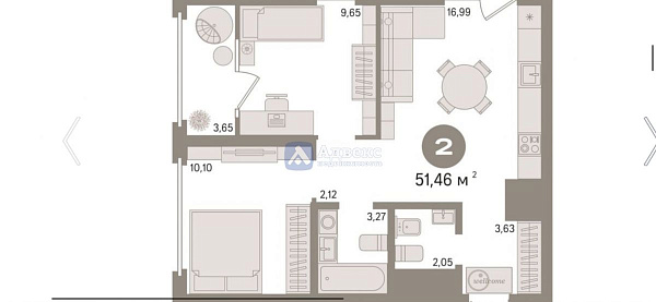 2-к квартира в новостройке, 51 кв.м.