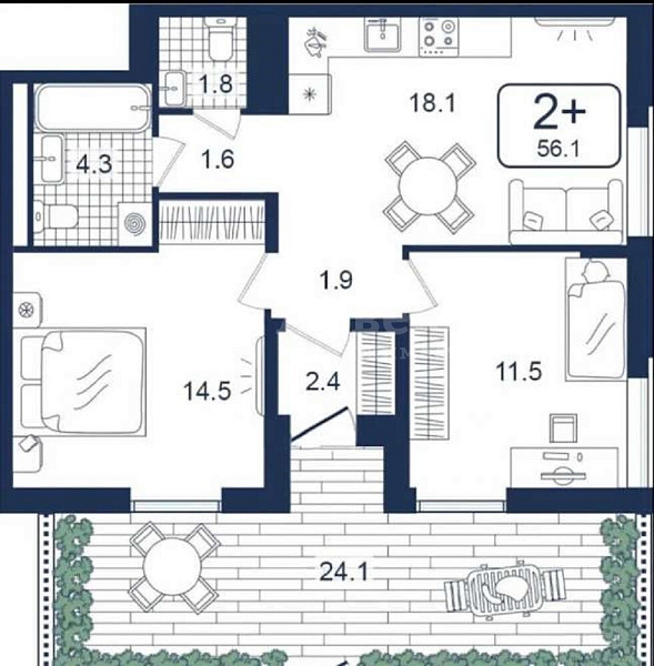 Квартира 2-комн., 58 м²