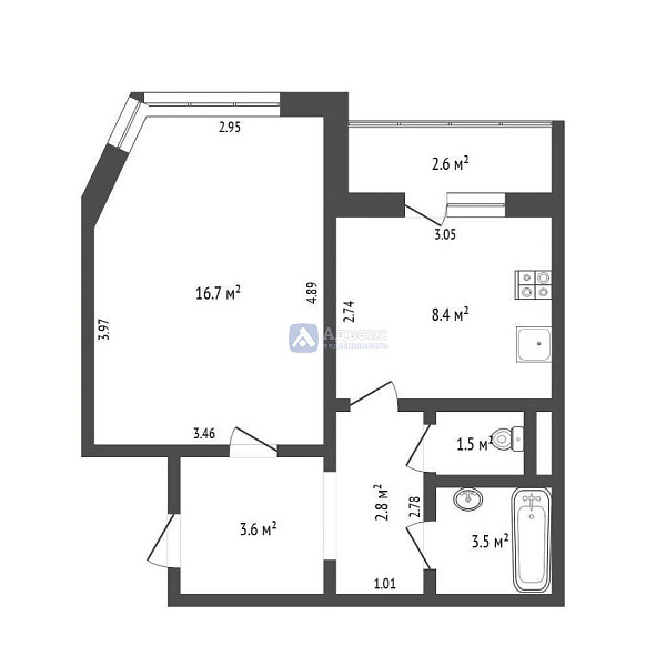 Квартира 1-комн., 36 м²