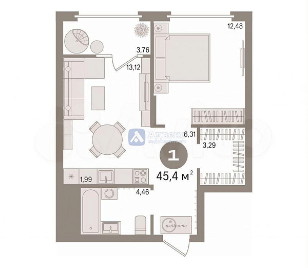 Квартира 1-комн., 45.4 м²